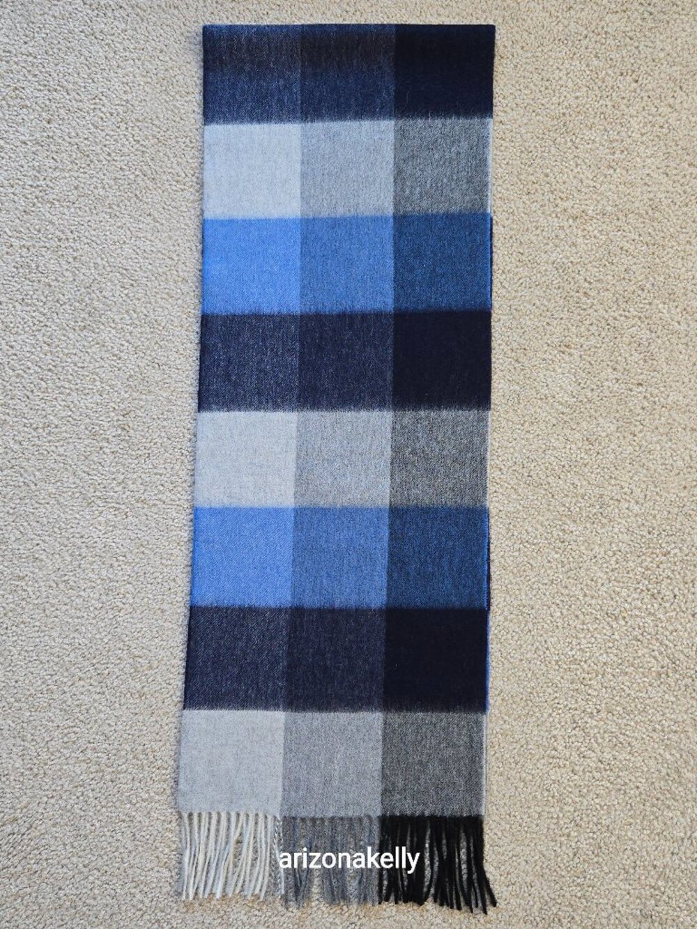 NWOT Cashmere Woven Scarf Blue, Black & Gray Plaid Checks - Picture 2 of 15